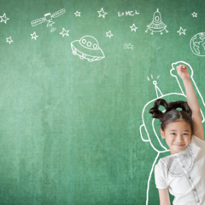 Engineering Your Future Today - Girl Standing In Front Of Space-Themed Chalk Board Drawings